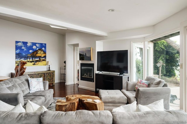 living room featuring dark wood-type flooring