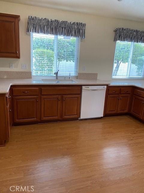 kitchen with dishwasher, light hardwood / wood-style floors, a wealth of natural light, and sink