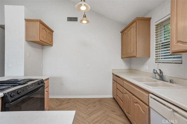 kitchen with black stove, dishwasher, sink, light brown cabinets, and decorative light fixtures