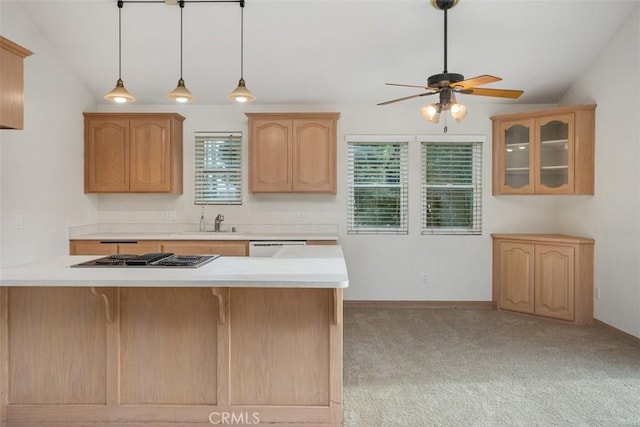 kitchen featuring plenty of natural light, lofted ceiling, sink, and stainless steel gas cooktop