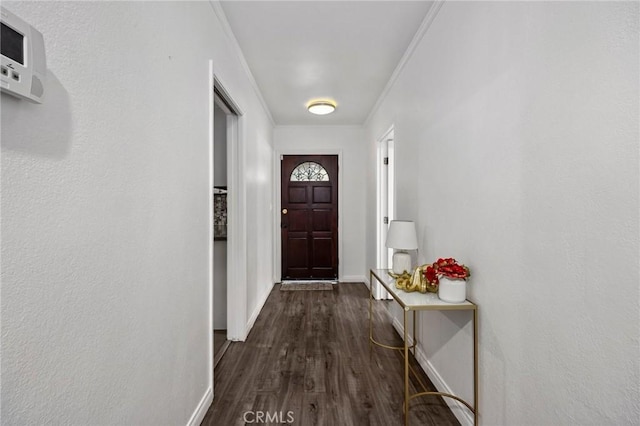 doorway with ornamental molding and dark wood-type flooring