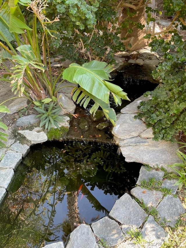 exterior details with a small pond