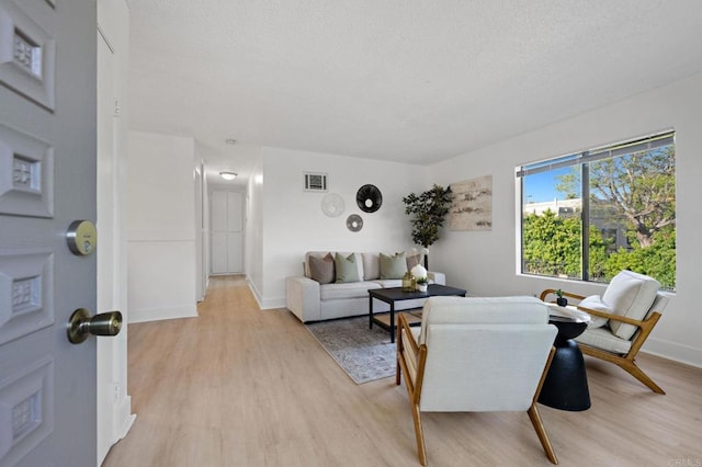 living room featuring light wood-style floors, a textured ceiling, and baseboards