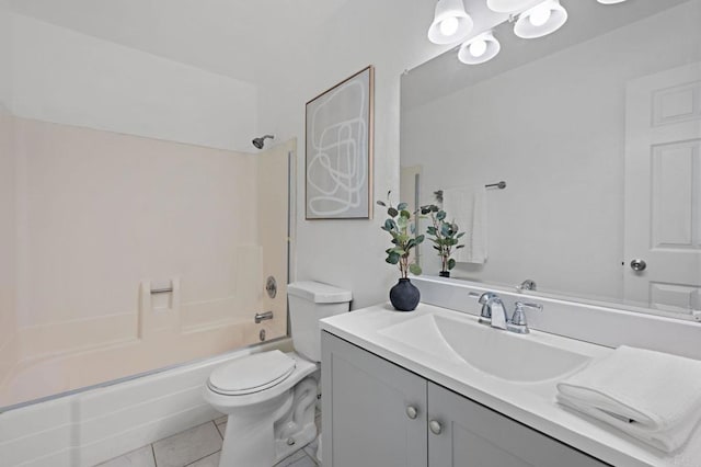 bathroom featuring toilet, shower / tub combination, vanity, and tile patterned floors
