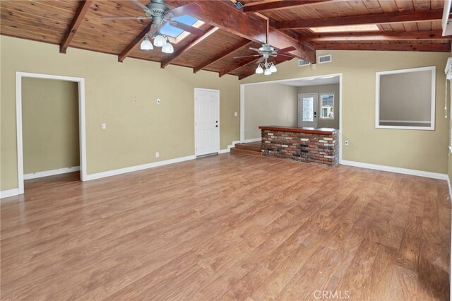 unfurnished living room with vaulted ceiling with beams, light hardwood / wood-style flooring, and wooden ceiling