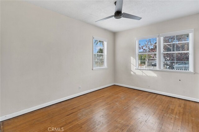 empty room with wood-type flooring, a textured ceiling, and ceiling fan