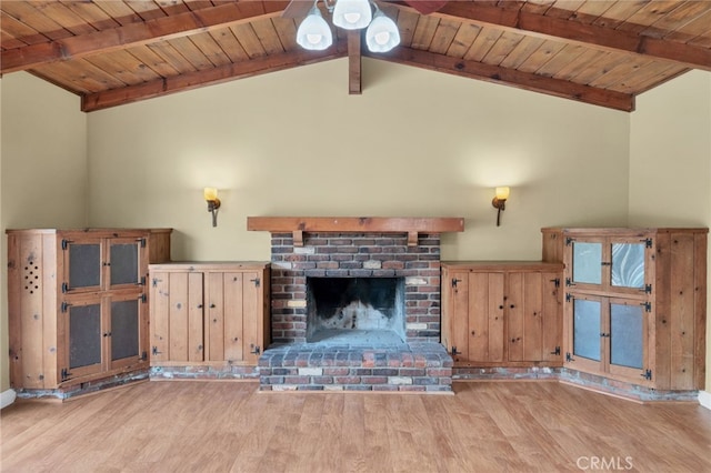 unfurnished living room featuring beam ceiling, light wood-type flooring, high vaulted ceiling, and wooden ceiling