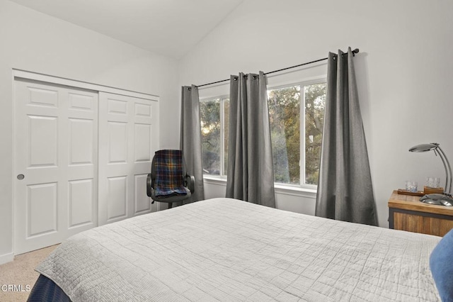 carpeted bedroom featuring a closet and lofted ceiling