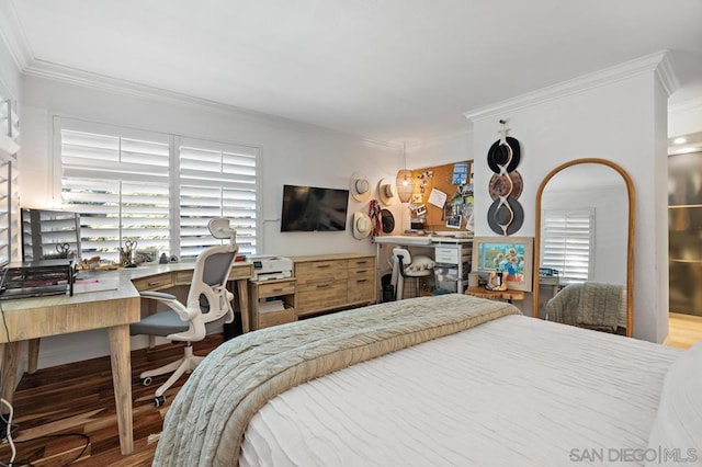 bedroom with hardwood / wood-style flooring, multiple windows, and ornamental molding