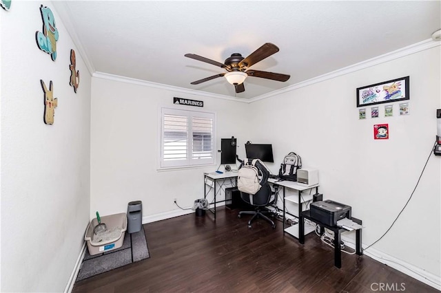 office area with ceiling fan, dark hardwood / wood-style flooring, and ornamental molding