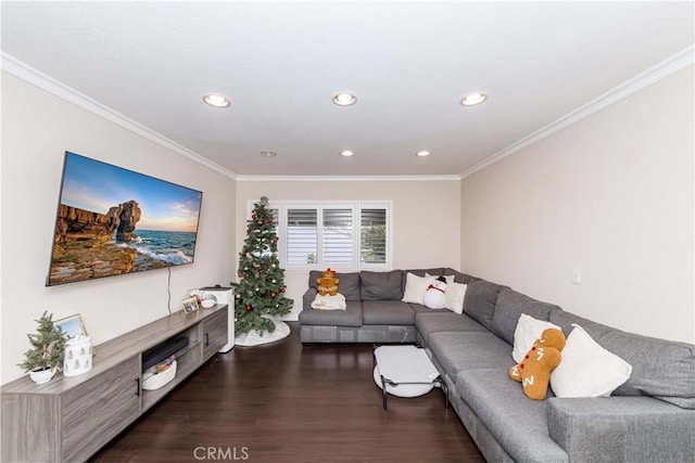 living room featuring dark hardwood / wood-style flooring and crown molding