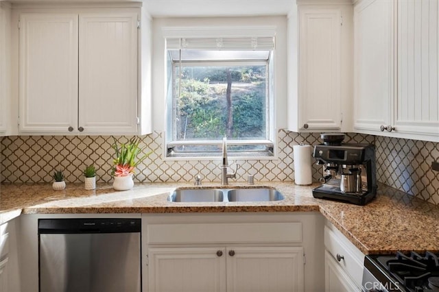 kitchen with backsplash, sink, white cabinets, and appliances with stainless steel finishes