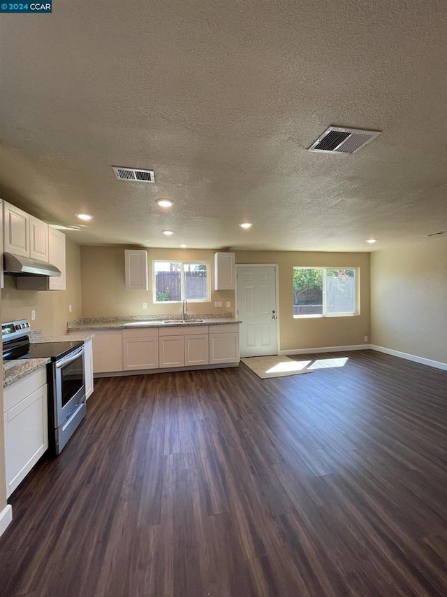 kitchen featuring a wealth of natural light, dark hardwood / wood-style floors, white cabinetry, and stainless steel range with electric stovetop