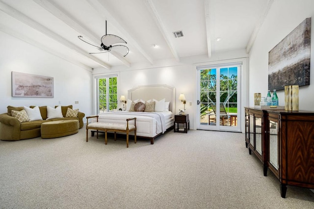 bedroom featuring access to exterior, beam ceiling, carpet floors, and ceiling fan