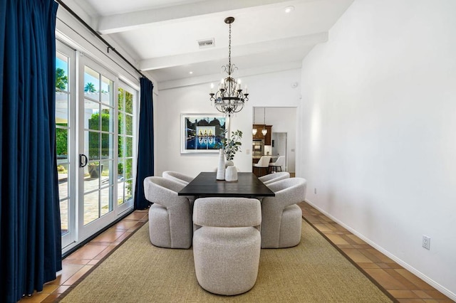 dining area featuring tile patterned floors, vaulted ceiling with beams, and a chandelier