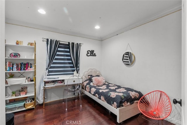 bedroom featuring wood-type flooring and crown molding