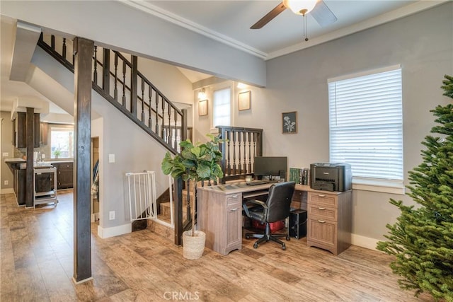 office space with ceiling fan, ornamental molding, a wealth of natural light, and light hardwood / wood-style floors