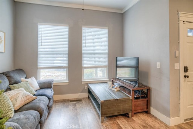 living area featuring ornamental molding, a wealth of natural light, and light hardwood / wood-style floors