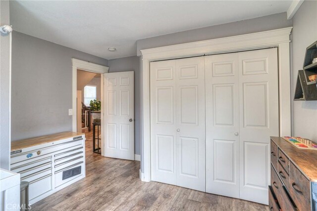 bedroom featuring wood-type flooring and a closet