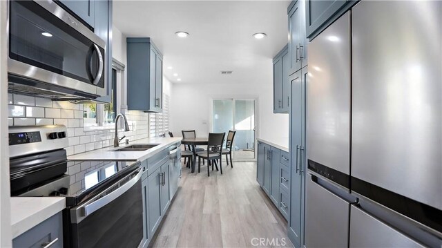 kitchen featuring sink, blue cabinets, decorative backsplash, appliances with stainless steel finishes, and light wood-type flooring