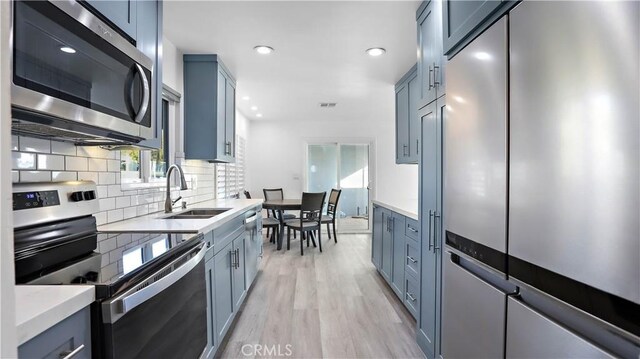 kitchen with blue cabinets, sink, light wood-type flooring, appliances with stainless steel finishes, and backsplash