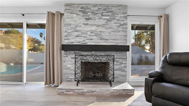 living room featuring wood-type flooring and a fireplace