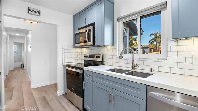 kitchen featuring light wood-type flooring, tasteful backsplash, stainless steel appliances, blue cabinets, and sink