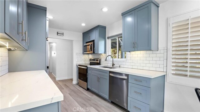 kitchen with blue cabinetry, sink, stainless steel appliances, light hardwood / wood-style floors, and backsplash