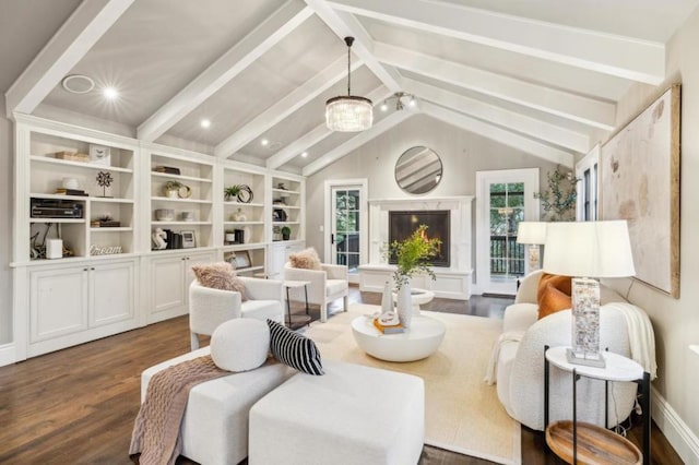 living room featuring vaulted ceiling with beams, dark hardwood / wood-style floors, and a chandelier