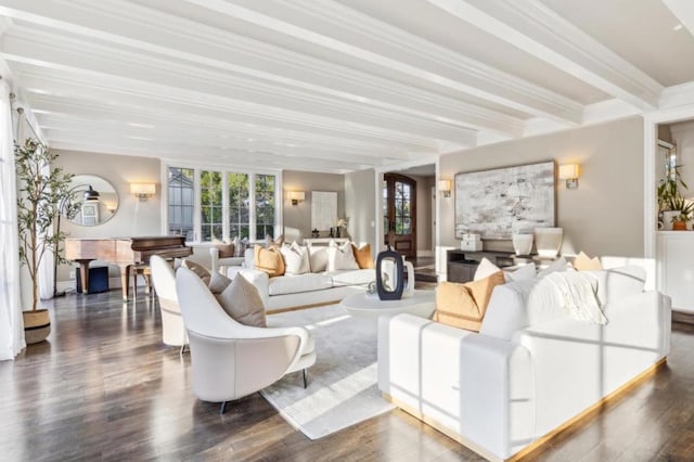 living room featuring beamed ceiling, ornamental molding, and dark wood-type flooring