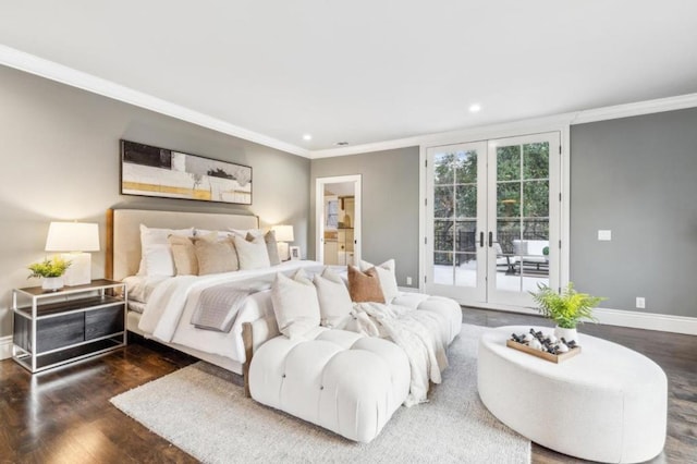 bedroom featuring crown molding, access to outside, dark hardwood / wood-style flooring, and french doors