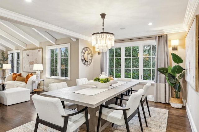 dining room with lofted ceiling with beams, ornamental molding, dark hardwood / wood-style floors, and a chandelier