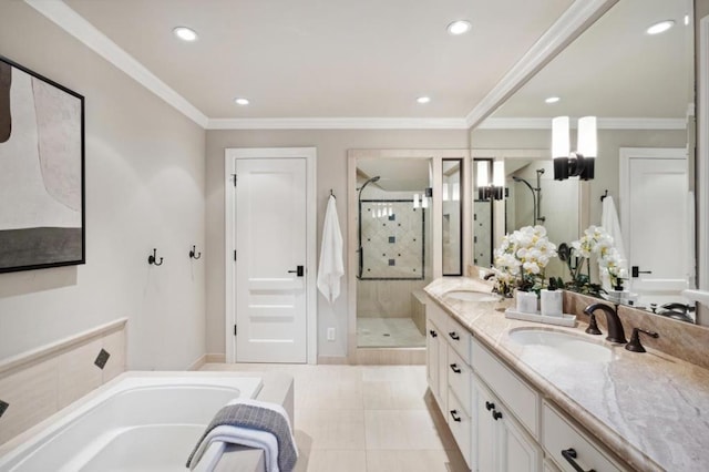 bathroom featuring crown molding, vanity, independent shower and bath, and tile patterned flooring