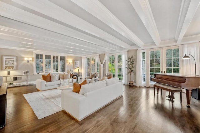 living room featuring beamed ceiling, crown molding, dark wood-type flooring, and french doors