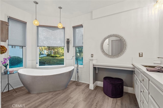 bathroom featuring wood-type flooring, vanity, and a tub