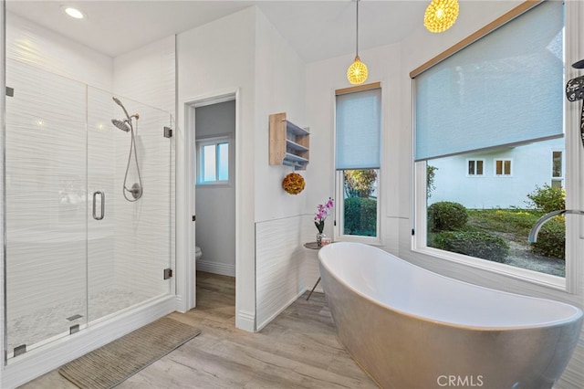 bathroom with hardwood / wood-style floors, a healthy amount of sunlight, and independent shower and bath