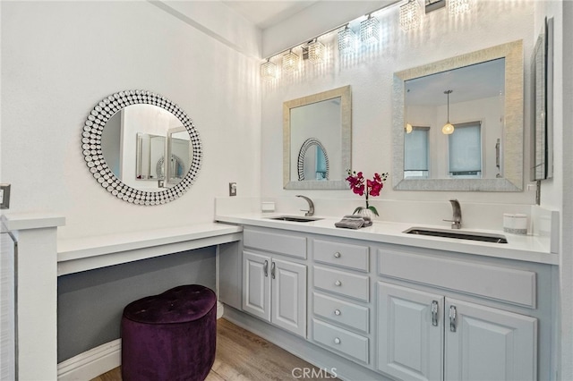 bathroom with vanity and hardwood / wood-style flooring