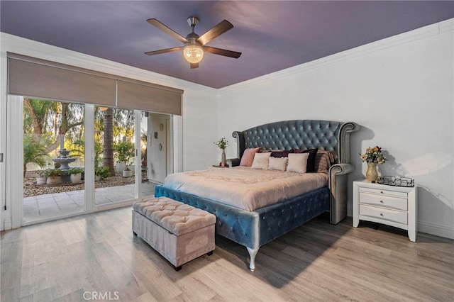 bedroom with access to outside, ceiling fan, light hardwood / wood-style floors, and ornamental molding