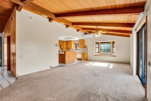 unfurnished living room featuring an AC wall unit, light carpet, ceiling fan, and wooden ceiling