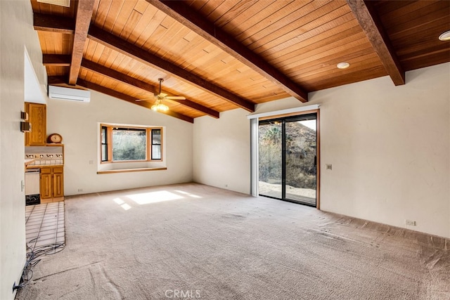 unfurnished living room with ceiling fan, wooden ceiling, lofted ceiling with beams, a wall unit AC, and light carpet