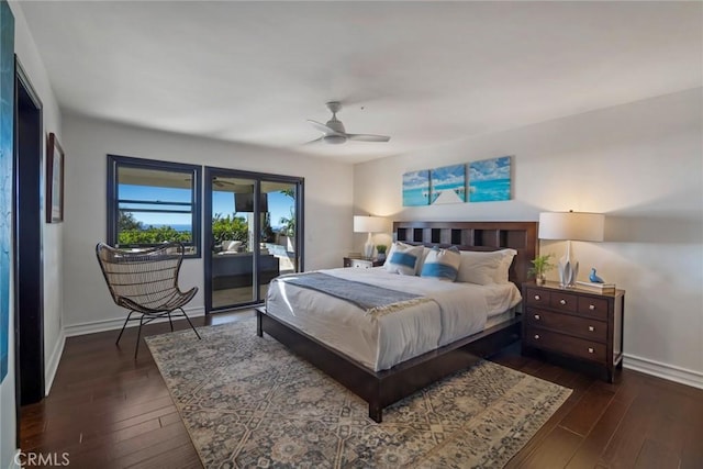 bedroom featuring access to outside, ceiling fan, and dark hardwood / wood-style flooring