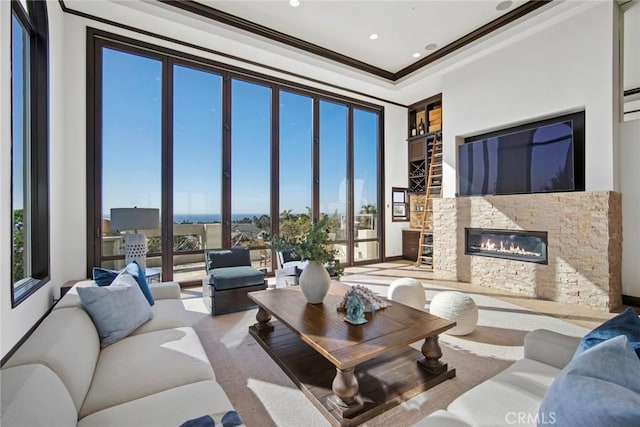 living room featuring a fireplace and ornamental molding