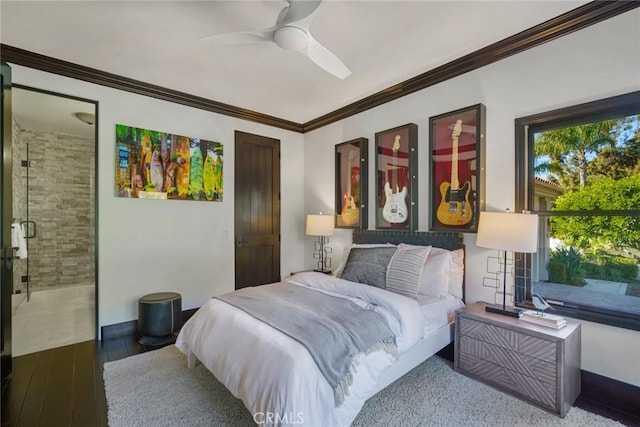 bedroom featuring connected bathroom, ceiling fan, crown molding, and light hardwood / wood-style floors