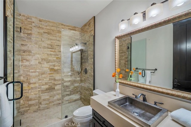 bathroom with vanity, a shower with shower door, and toilet