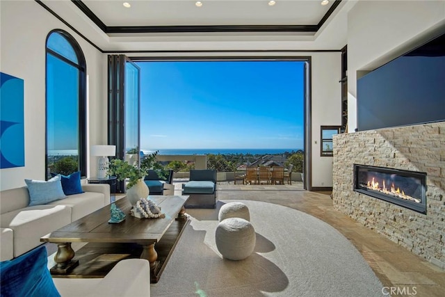 living room with crown molding and a fireplace