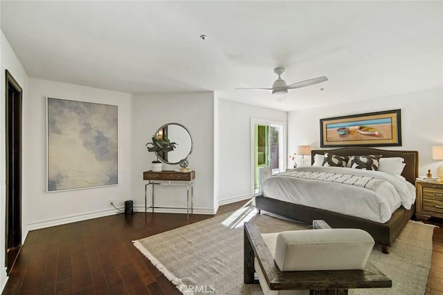 bedroom featuring ceiling fan and dark hardwood / wood-style flooring