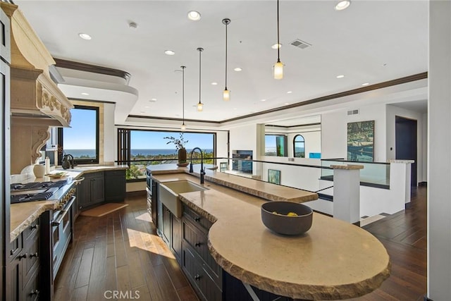 kitchen featuring ornamental molding, sink, decorative light fixtures, dark hardwood / wood-style floors, and a large island