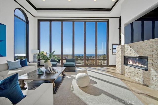 living room with a tray ceiling, a stone fireplace, and crown molding