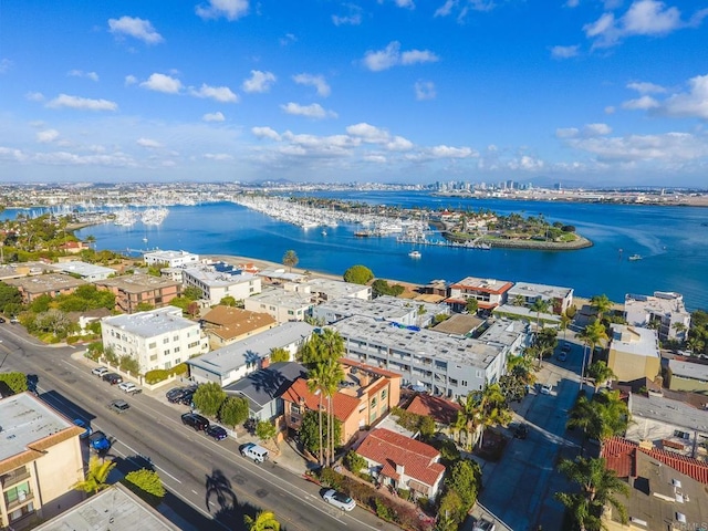 bird's eye view with a water view