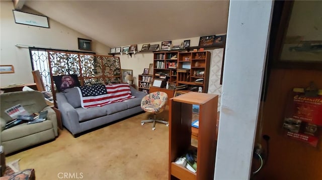 living room with carpet flooring and lofted ceiling